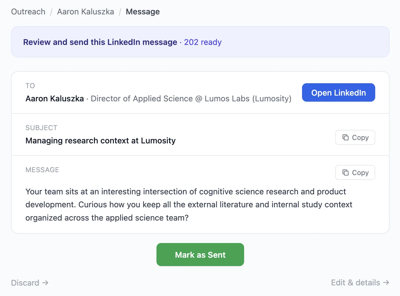 Reviewing a personalized LinkedIn message before sending